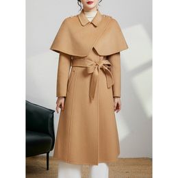 2023 Autumn/Winter New Double sided Cashmere Coat Women's Mid length Hepburn Style Cape Detachable Woollen Woollen Coat