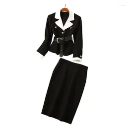 Work Dresses Color-Block White And Black Patchwork Women's Office Suit Set 2Pcs Outfits Belted Jacket Top Knee Length Tight Pencil Skirt