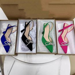 Dress Shoes 2024 Summer Fashion Back Strap Sandals Rhinestone Crystal Bowknot Pumps Green Blue Pointed Toe Slingback Slhoes Brand High Heels