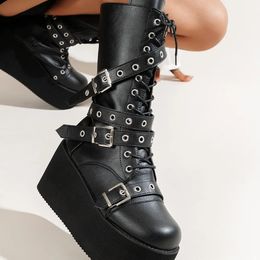 Boots Big Size 43 Women Boots Black Lace Up Buckle Round Toe Wedges Platform Boots Punk Goth INS Women Street Shoes 231207