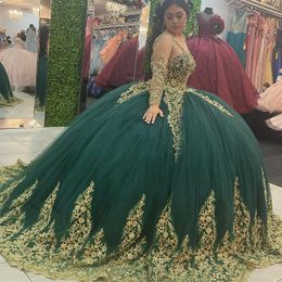 Gorgeous Green Quinceanera Dresses Gold Applique Lace Beads Ball Gown Long Sleeved Princess Birthday Party Sweet 16 vestidos de 15