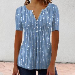 Women's Blouses M-3XL V-neck Elegant Simple Lady Shirt Dot Print Contrast Short Sleeves Buttons Match Top Soft Summer T-shirt Female Blusas