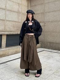 Women's Pants Japanese Retro Style Unisex Skirt Belt Design Loose Casual Nine Points Culottes Wide Leg Women