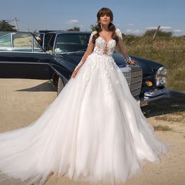 Long Sleeve Deep V-Neck Wedding Dresses For Women 2023 Bride Tulle Hollow Mordern Covered Button Fashionable 3D-Floral Appliques