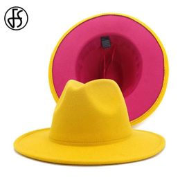 FS Yellow Rose Patchwork Wool Felt Jazz Fedora Hats Women Unisex Wide Brim Panama Party Trilby Cowboy Cap276G