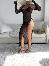 Women's Swimwear Summer Sexy See-through Bikini Cover Ups Glitter Spaghetti Strap Split Swimsuit Up Long Dress Beachwear