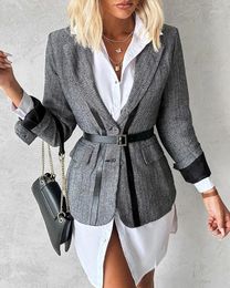 Women's Jackets Blazer 2023 Autumn Contrast Panelled Belted Notched Collar Long Sleeved Thickening Cotton Short Coat Work Suit Jacket