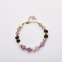 Charm Bracelets Korean Purple Heart Shaped Natural Stone Bracelet For Women Original Fashion Crystal Pearl Bangles Stainless Steel Jewellery