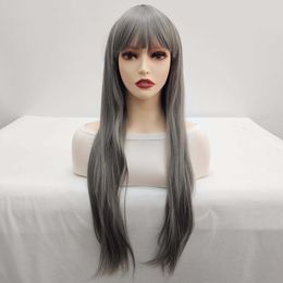 Straight new wig Grey long straight wig cover High temperature silk neat bangs versatile and simple wig head cover