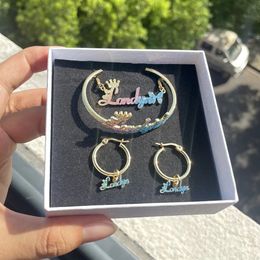 Pendant Necklaces 3UMeter Custom Name Jewelry Set Box Chain Necklace Mini Hoop Earrings Bangle Bling Letter Stainless Steel Gift 231208