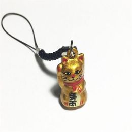 Whole 50pcs Gold Lucky Cat Maneki Neko Japanese Bell 2 3 cm Gold Rich Black Strap259c