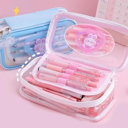 Large Capacity Cartoon Pencil Case Transparent Cosmetic Bag Waterproof Pen Student School Stationery