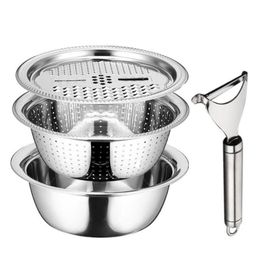 Stainless Steel Drain Tray Grater Mixing Bowl Basin Set With Vegetable Cutter Chopper Peeler 5Quart Set Of 4 Storage Baskets6755058