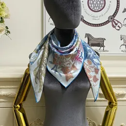 women's square scarf scarves shawl 100% silk material blue pint flowers pattern size 90cm - 90cm