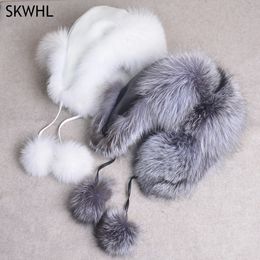 Trapper Hats 100% Real Fur Hat for Women Natural Silver Fur Russian Ushanka Hats Winter Thick Warm Ears Fashion Bomber Cap 231207