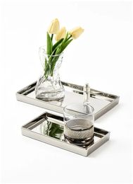 Storage Boxes Nordic electroplated silver mirror glass tray rectangular storage tray jewelry layered tray home decoration snack board 231208