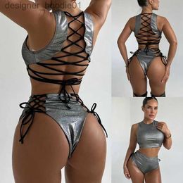 Women's Tanks Camis New Exotic Pole Dance Set Women Nightclub Bikini Rave Festival Clothing Halter Dance Come Top Shorts Stage Show Sexy Outfit L231208