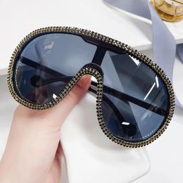 Sunglasses Big Frame One Piece Lens Rhinestone Luxury Designer Women Crystal Sun Glasses Black Shades For Ladies Uv400 Eyewear