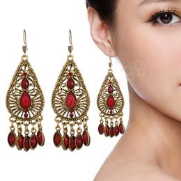 Antique Gold Color Hollow Out Water Drop Earrings for Women Vintage Ethnic Style Acrylic Bead Tassel Earring Boho Female Jewelry