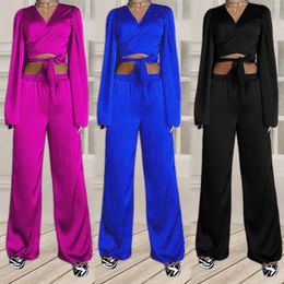 Women's Pants Prom Elegant Female Outfits Sexy Lace Up Crop Tops Pant Suit Womens Solid Satin Long Sleeved Straight Casual Matching Sets