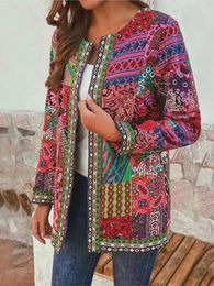 Women's Vests Autumn And Winter Fashionable Retro Ethnic Style Printed Long Sleeved Hoodie Casual Pocket Outer Cardigan Jacket