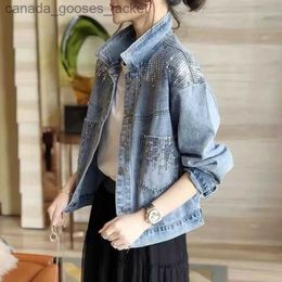 Women's Jackets Denim Sequin Jacket Women Fall Vintage Casual Coat Korean Loose Pocket Button Up Long Sle Office Lady Short Blue Outerwear L231208