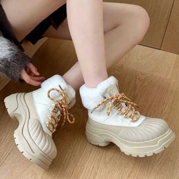 New Fashion Women Boots Winter Leather Plush Snow Boots Thick Sole Warm Outdoor Casual Ankle Boots Women Lace-up Boots