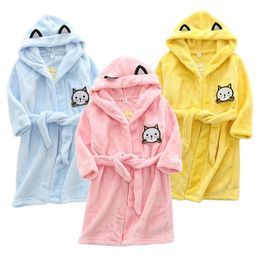 Towels Robes Kids Cartoon Cat Robes Winter Baby Girl Bathrobe Sleepwear Robe For Children Flannel Hooded Pyjamas Boys Homewear Clothing 231208