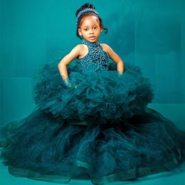 2023 Hunter Green Luxurious Flower Girl Dresses Ball Gown Tulle Pearls Tiers Vintage Little Girl Peageant Birthday Christening Dress Gowns ZJ418