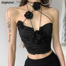 Women's Tanks Camis Black Gothic Sexy Crop Tops Women Halter Camis Y2k Vintage Chic Streetwear Flowers Fashion Ins Ladies Summer Pure Skinny Clothes L231208