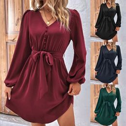 Casual Dresses Womens Ruched A-line Dress Long Sleeve Wrap V-Neck Party Midi Sexy Elegant Cocktail With Belt Drop