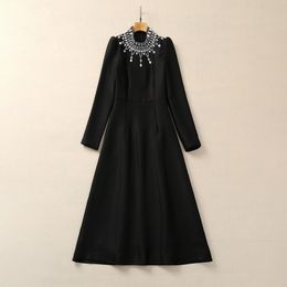 2024 Spring Black / Red Solid Color Beaded Dress Long Sleeve Stand Collar Rhinestone Midi Casual Dresses S3D041130