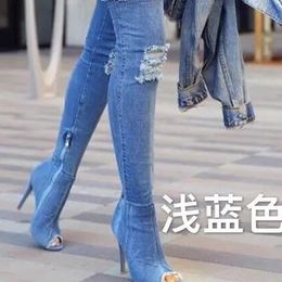 Boots Women Boots Spring Thigh High Boots Denim Boots Women High Heels Women Shoes Peep Toe Tassel Jean Boot Ladies Shoes Boots 231207