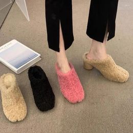 Dress Shoes Slip-on Pink Wool Mules Women Fashion Closed Toe Plush Court Clogs Ladies Winter Warm Lambswool Heeled Slippers