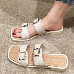 Slippers Elegant Women's Sandals Buckle Belt Square Toe Woman 2023 Summer Chunky Heels Ladies Slides Flip Flops Chaussure Femme