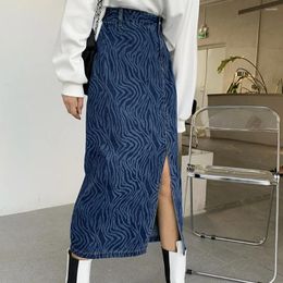 Skirts SABINAX Zebra-print Vintage Denim Long Skirt Casual High Street Style A Line Mid-Length 2023 Summer Spring Women Clothing