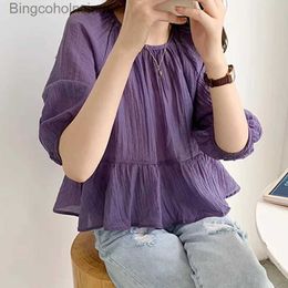 Women's T-Shirt Summer Loose Women's Blouse Silk Korean Sweet Chiffon Shirt 2023 O Neck Ruffled Pleated Top Short Sle Fe Clothing 15371L231208