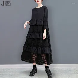 Casual Dresses Cascading Ruffle Long Sleeve Autumn Japanese Style Woman Solid Black Dress Loose Fit Big Size Large Chic Robe JJXD030
