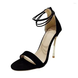 Sandals 2023 Italian Style Joker Classic Black Open Toe Simple Metal Suede Stiletto Female ZL