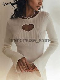Women's Knits Tees Ribbed Knitted Full Flare Sleeve O-neck Sweater Heart Shape Cut Out Slim Pullover Jumper Women Solid Casual Fashion Knitwear J231208
