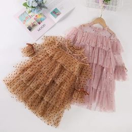 Girl Dresses Fashion Dress Solid Colour Polka Dot Star Sequins Mesh Puffy Cake Sweet Princess Lovely Party Clothes 2-7Y