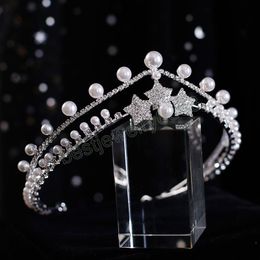 Luxury Silver Colour Crystal Pearls Bridal Tiaras Crown Rhinestone Star Pageant Diadem Headbands Wedding Hair Accesspries