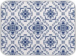 Table Mats Blue Floral Plaid Dish Drying Mat 18x24 Inch Moroccan Spanish Tile Dry Dishes Pads Microfiber Protector For Kitchen Countertops