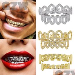 Grillz Dental Grills 18K Real Gold Diamond Hollow Teeth Mouth Iced Out Fang Braces Tooth Cap Vampire Fl Punk Hip Hop Rapper Jewellery Fo Otg0Q