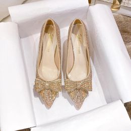 Dress Shoes 2023 Fashion High Heels Wedding Party Bow Decorated Silver Pump Glass Pointed Hoof With 34-40 Extra Large