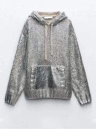 Women s Knits Tees Metallic Silver Knitted Rib Sweater Hoodie Drawstring Long Sleeve Solid Female Pullover 2023 Autumn Fashion Lady Top 231208