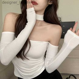 Women's Tanks Camis Y2k Off Shoulder Halter Knit Bottoming T-shirt Women's Autumn And Winter Pure Desirelong-sled Short Tops Outer Wear L231208