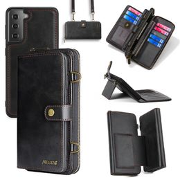 Detachable Magnetic Zipper Pocket Leather Case For Samsung Galaxy Note20 Ultra Note10 Plus Premium Wallet Phone Case Crossbody Lanyard Multi Cards Slot Cover