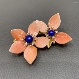 Brooches Double Flowers Brooch Copper With Sea Shell And Cubic Zircon Cute Romantic & Pendant Use Fashion Jewelry For Women