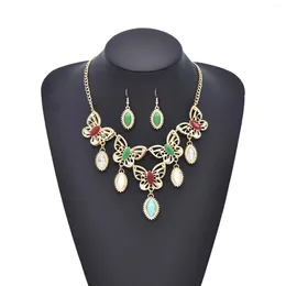 Necklace Earrings Set Fashion Bohemian Punk Butterfly Pattern Colourful Crystal Dangle And Jewellery For Women Party Dance Gift